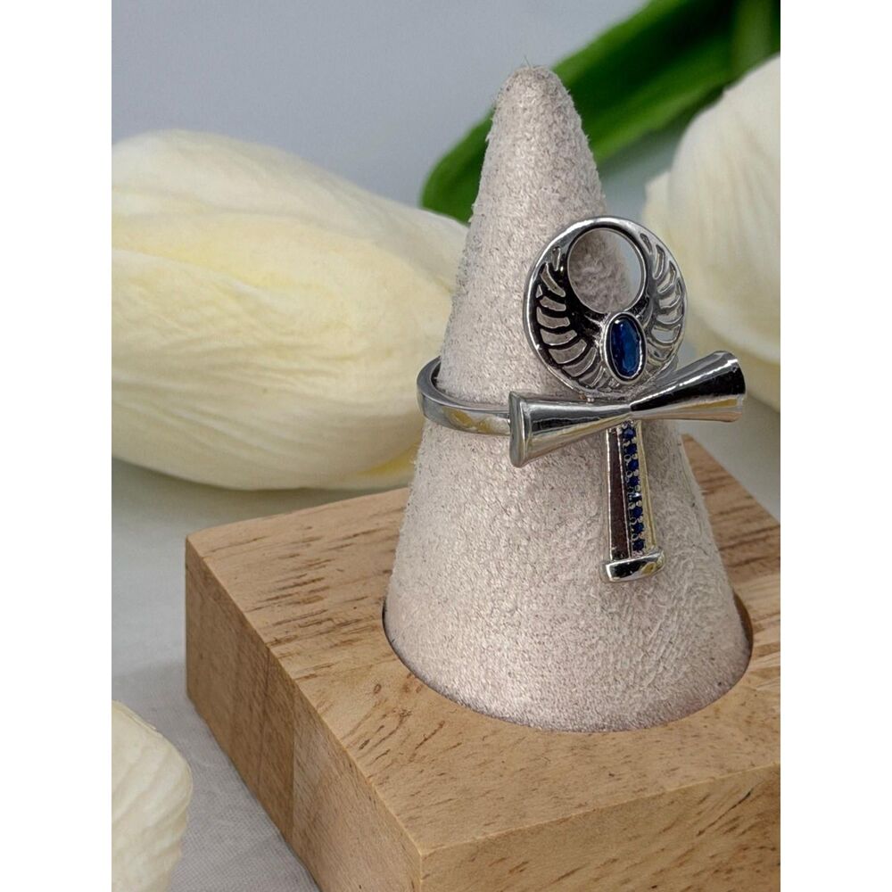 Sterling Silver Blue topaz Ankh Ring with Wings - Picture 4 of 5